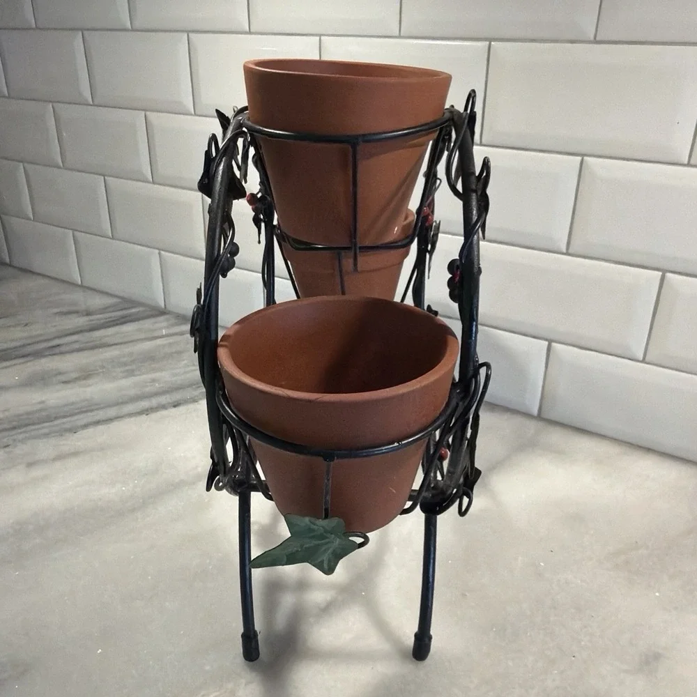 Vintage Wrought Iron Planter With Terra Cotta Pots